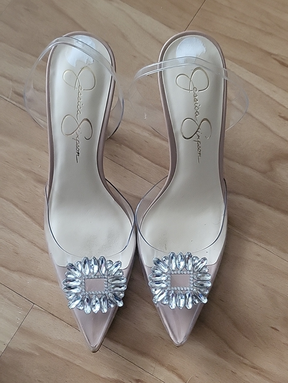 Jessica Simpson Blush Pink Pointed Toe Heels with Crystal Brooch